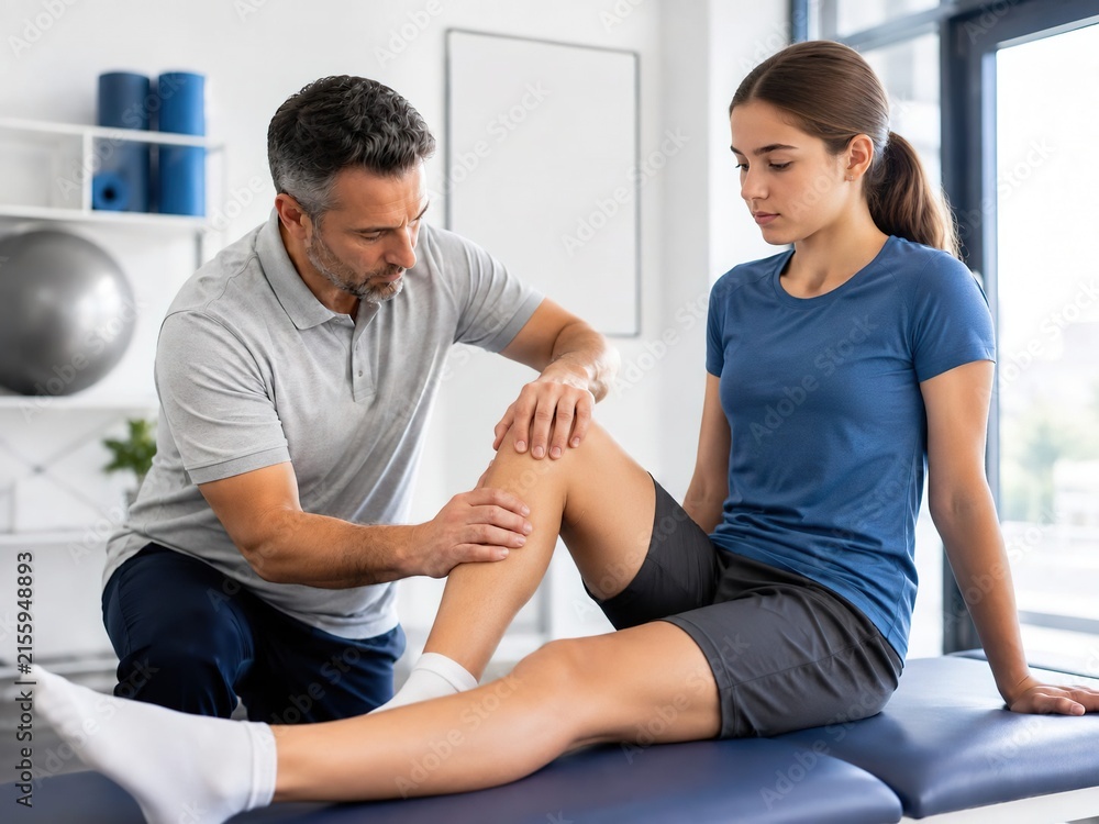 Fototapeta premium Physiotherapist assessing the knee of a young athlete during a physical rehabilitation session and recovery from a sports injury
