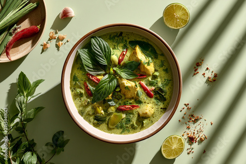 Vibrant green curry filled with fresh vegetables and aromatic herbs.
