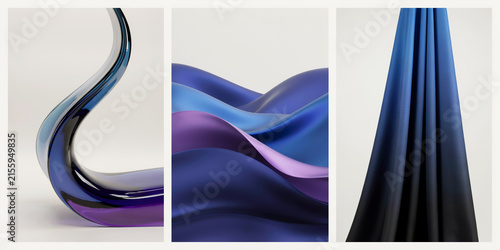Abstract blue and purple silk fabric waves in three vertical panels
