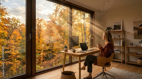 Woman Enjoying Autumn Forest View in Cozy Home Office