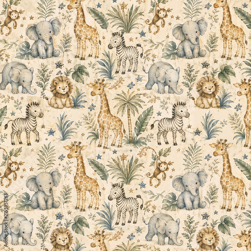 Retro Seamless Backgrounds Baby Boy Scrapbook Paper Vintage Blue and Cream Decorative Pattern zoo animals lion design	