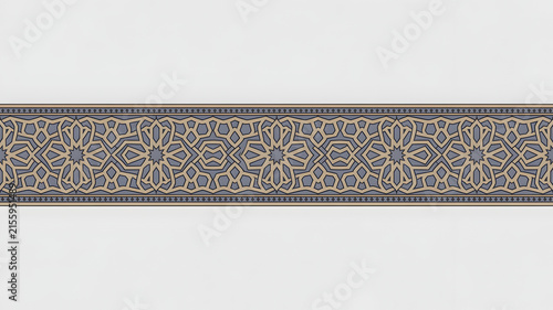 Traditional islamic geometric pattern design with blue with featuring intricate islamic, horizontal strip featuring, displays horizontal, middle eastern