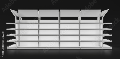 Front view of a retail gondola shelving mockup with angled blank toppers. 3d illustration on black background