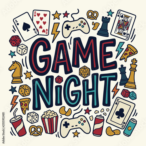 Game Night Handdrawn Vector Poster with Playful Board and Card Icons