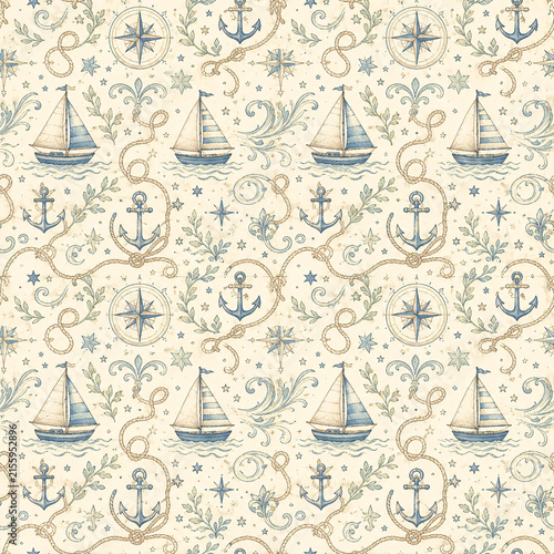 Retro Seamless Backgrounds Baby Boy Scrapbook Paper Vintage Blue and Cream Decorative Pattern