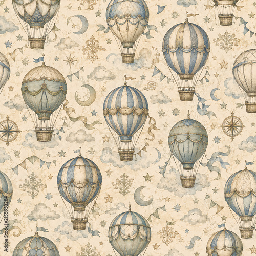 Retro Seamless Backgrounds Baby Boy Scrapbook Paper Vintage Blue and Cream Decorative Pattern Balloon