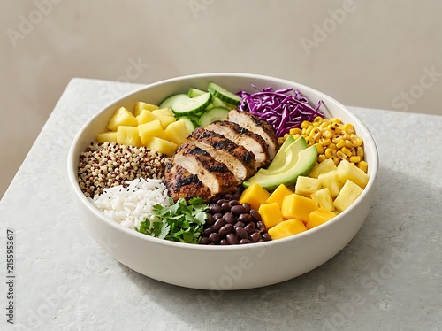 Fresh chicken burrito bowl with rice and colorful vegetables. Caribbean food bowls