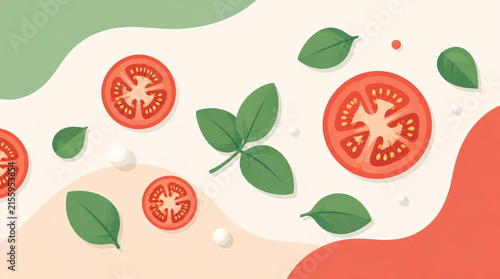 Flat lay illustration of sliced red tomatoes and basil