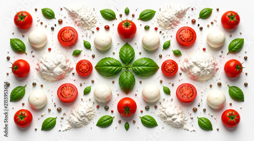 Flat lay pattern of pizza ingredients tomatoes mozzarella and basil