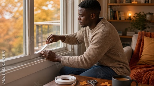 Ghanaian man placing weather stripping around a drafty window