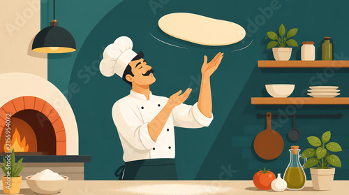 Cartoon Italian Chef Tossing Pizza Dough In Restaurant Kitchen