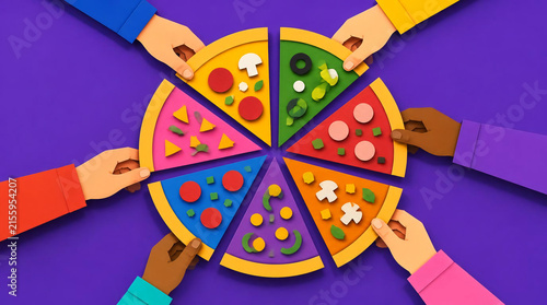 Colorful Paper Craft Pizza Slices Held By Diverse Hands