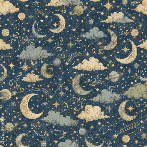 Retro Seamless Backgrounds Baby Boy Scrapbook Paper Vintage Blue and Cream Decorative Pattern Moon Night Sky