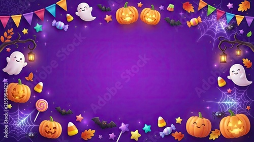 Festive halloween border with pumpkins ghosts and colorful decorations on purple background
