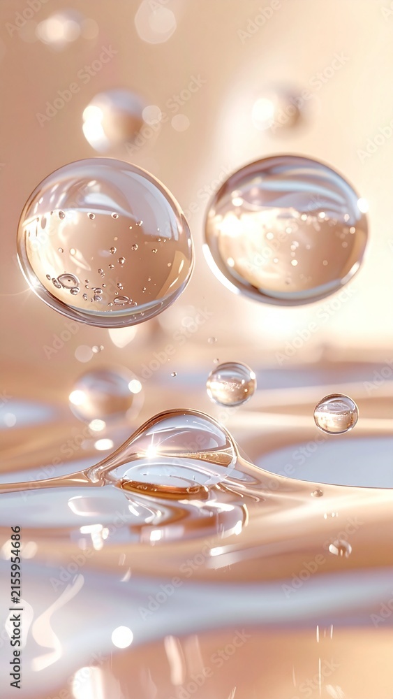 Naklejka premium Luminous golden serum drops and clear gel bubbles float over a smooth liquid surface, evoking pure hydration and luxury. Ideal for skincare and cosmetics advertising. Nobody.
