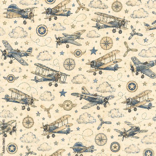 Retro Seamless Backgrounds Baby Boy Scrapbook Paper Vintage Blue and Cream Decorative Pattern airplane design	
