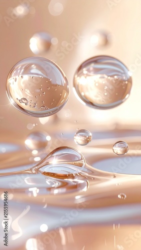 Luminous golden serum drops and clear gel bubbles float over a smooth liquid surface, evoking pure hydration and luxury. Ideal for skincare and cosmetics advertising. Nobody.