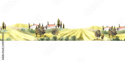 Landscape with field, villa, farmhouse, bushes, fruit trees, cypresses seamless border. Watercolor Italian, France summer, fall Hills and valleys, rustic fabric. Hand draw illustration isolated design