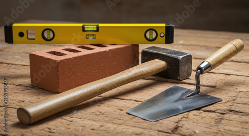 Masonry tools including a trowel, hammer, and level, next to a brick on a wooden surface.Concept of construction work and bricklaying.