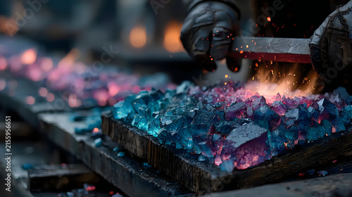 Fantasy blacksmith forging magical weapons rainbow flames Image illustration