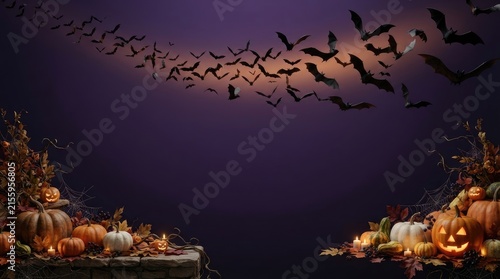 Spooky halloween night with silhouetted bats flying over a decorated neighborhood