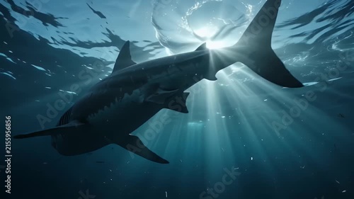Underwater scene with sunbeams piercing the deep blue ocean, illuminating tiny particles in the water, conveying a serene and mysterious atmosphere.