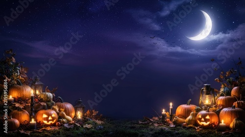 Spooky halloween night scene with glowing jack o lanterns under a crescent moon