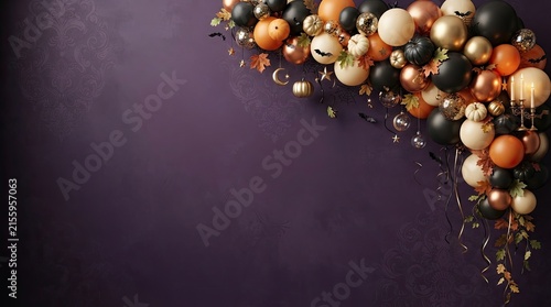 Elegant cascade of colorful ornaments against a dark purple gradient background