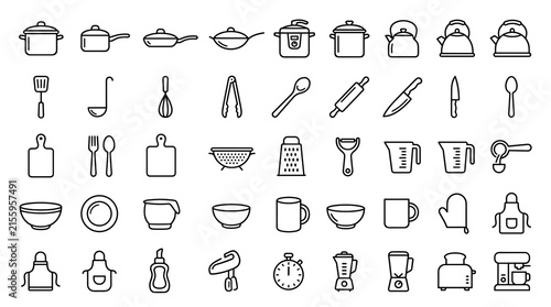 Fotografía Kitchen Line Icon Set with Pots, Pans, Cooking Utensils, Cookware, Cutlery, Appl