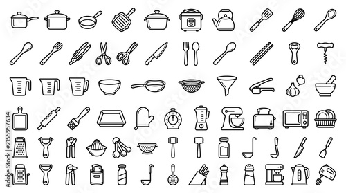 Cuadro en lienzo Cooking and Kitchen Equipment Editable Outline Icons Featuring Cookware, Utensil