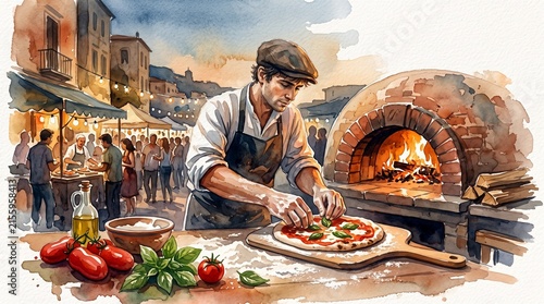 Pizzafest Naples watercolor scene of artisan pizzaiolo topping Margherita pizza beside flaming wood fired oven at crowded Italian food festival