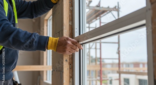 Hands of a worker using a specialized tool to install, level or adjust a new windowConcept of professional installation and window fitting.