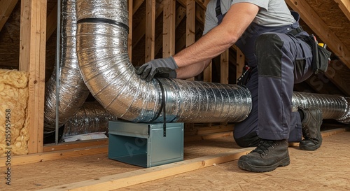 A worker installing large metallic air ducts on a ceiling during a construction project.Concept of HVAC installation and professional services.