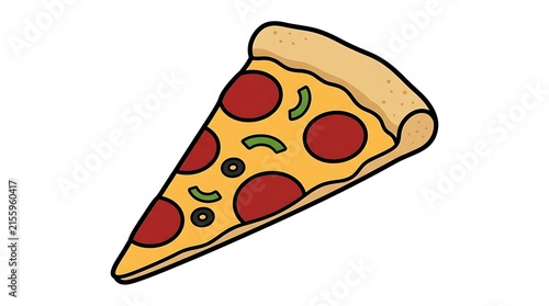 Colorful cartoon illustration of a single slice of pepperoni pizza with green pepper toppings on a white background