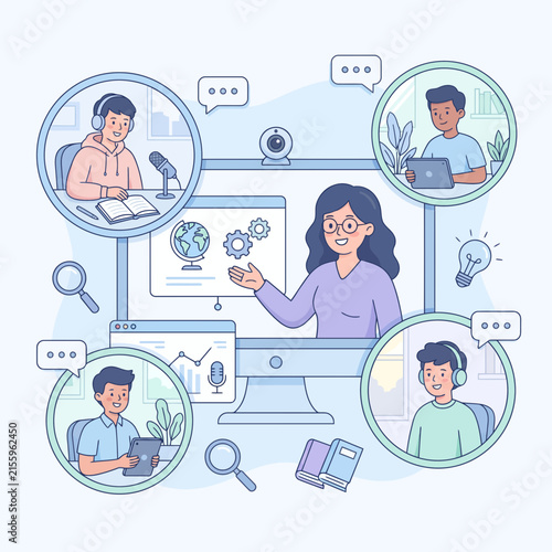 A professional female teacher conducting a virtual online classroom session with diverse students.