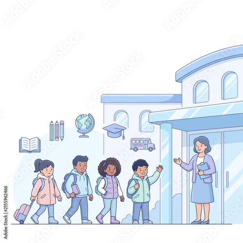 A friendly teacher welcoming a diverse group of happy young elementary school students at the entrance.