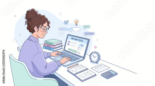 A young female student taking an online test on her laptop at a desk with textbooks and stationery.