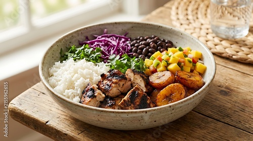 Healthy chicken rice bowl with beans and vegetables. Caribbean food bowls