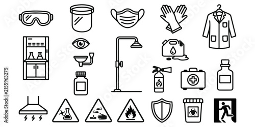 Set of laboratory safety equipment and hazard warning signs in a simple black and white line art style