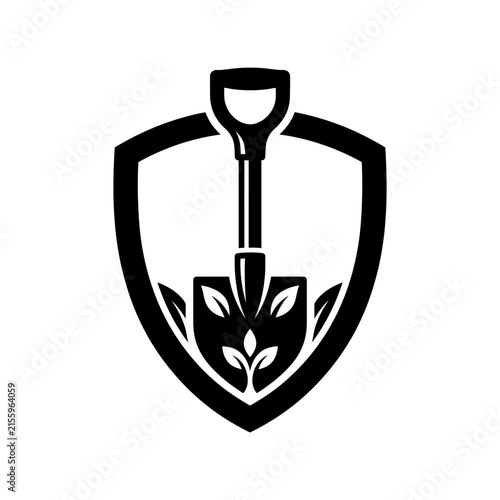 Vintage Gardening Logo Design with Shovel and Shield. Black and White Vector Emblem. Plant Protection Symbol. Nursery Business Identity. Agriculture Equipment Icon.