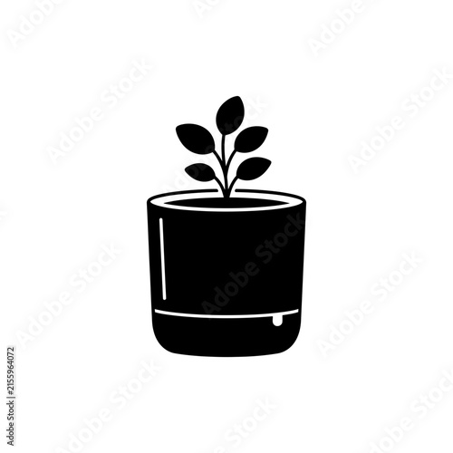 Potted Plant Icon Set. Minimalist Vector Illustrations for Interior Design Logos and Web Use. Black Pot and Leaf Symbols on White Background