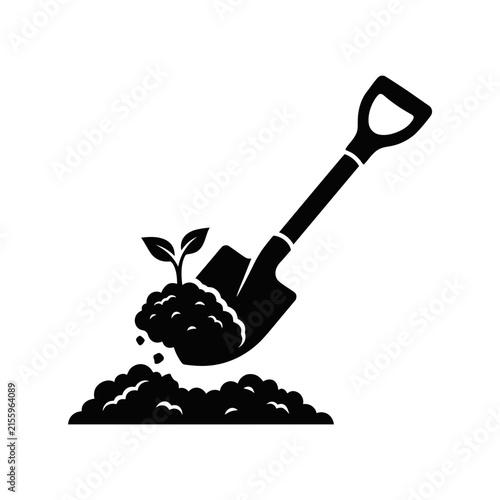 Shovel digging in ground with seedling sprout. Gardening tool icon, farming symbol, planting emoji, agricultural glyph for landscaping and nature apps