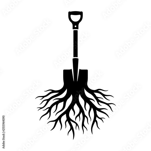 Antique Shovel With Deep Roots Vector Icon. Vintage Gardening Tool Silhouette With Branching Tree Roots Ground Ornament. Black Monochrome Emblem Logo For Agriculture