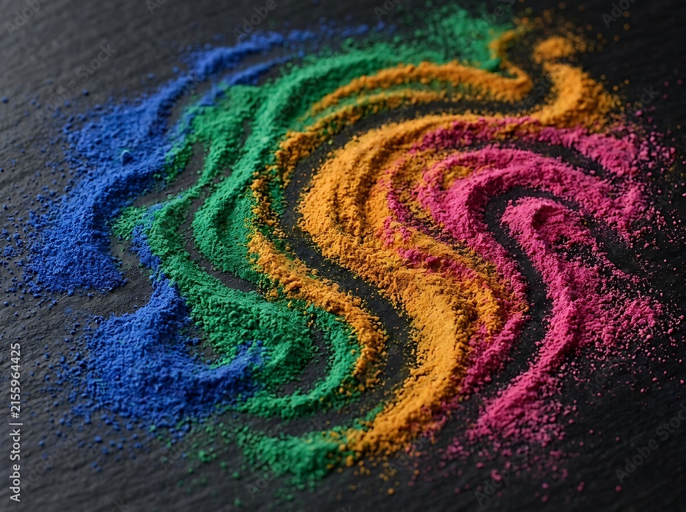 Fototapeta premium Vibrant rainbow color powder swirls on a dark black background. poudres