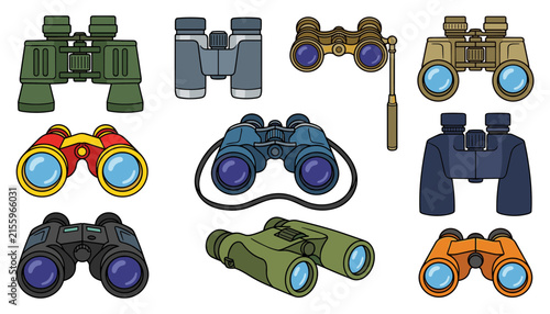 Fotografie Binoculars and Field Glasses Vector Icon Set Featuring Cartoon Illustrations of