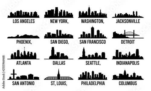 Silhouette map of major us cities with city names