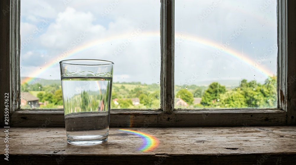 Fototapeta premium Clear Glass of Fresh Drinking Water on a Rustic Wooden Windowsill with a Beautiful Rainbow Background