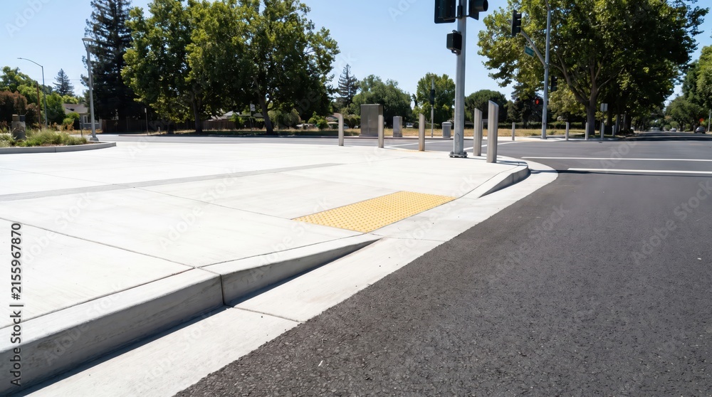 Obraz premium Inclusive street crossing features curb ramp and yellow tactile paving domes for safety