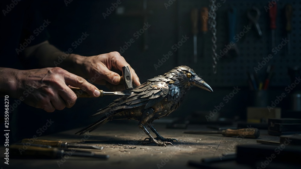 Naklejka premium Crafting a Metal Bird Sculpting Art with Human Hands and Tools