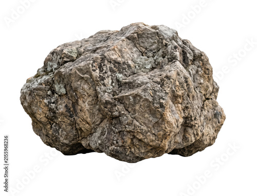 Fotografía Rough textured boulder with lichen and mineral deposits on white background